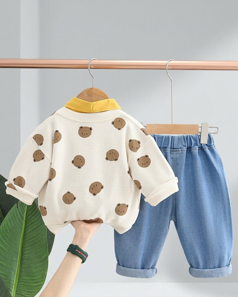 Conjunto bebé 3 piezas ropa bebé con cárdigan de oso y pantalón vaquero , Ideal para primavera y para clima otoñal en España