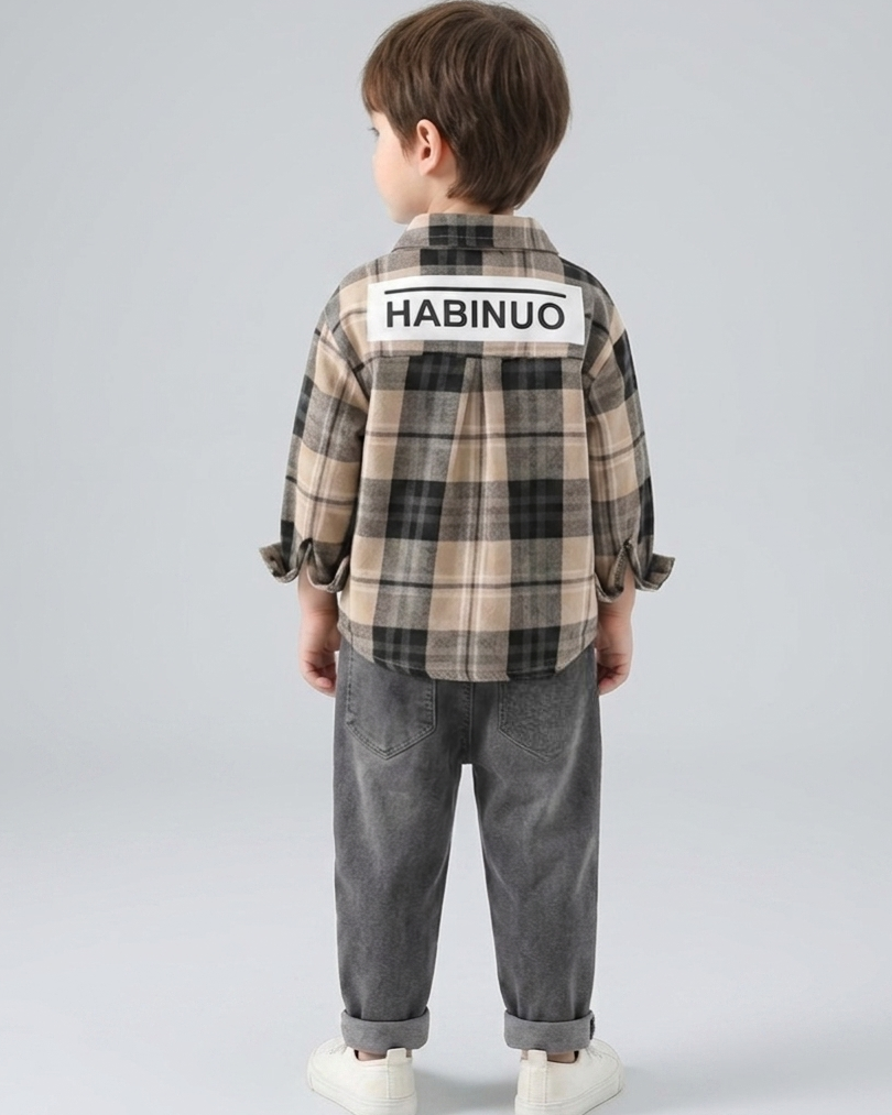 Conjunto niño cuadros elegante de dos piezas con camisa de cuadros y pantalón denim  niño cuadros en España