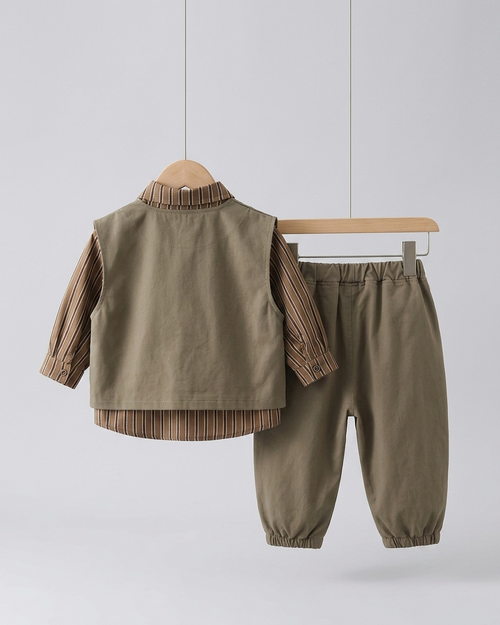 Conjunto bebé 3 piezas algodón con chaleco y osito desmontable vista completa