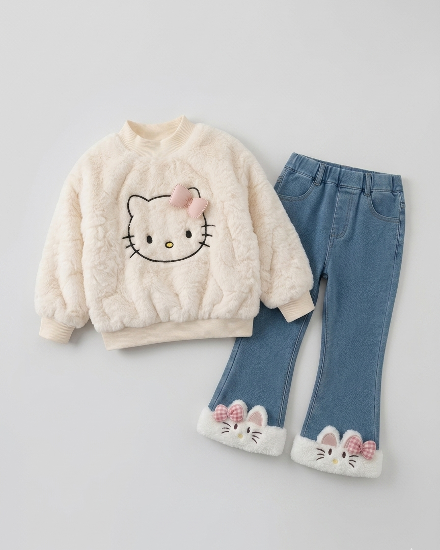 Conjunto niña invierno 2 piezas ropa niña felpa y vaquero con diseño de gatito,looks diarios adorables. o Ideal para primavera y para clima otoñal en España