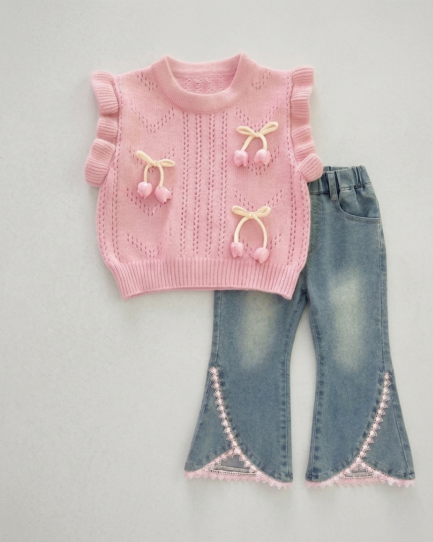 Conjunto niña 3 piezas elegante con blusa, suéter de punto y pantalón vaquero acampanado con encaje,en España