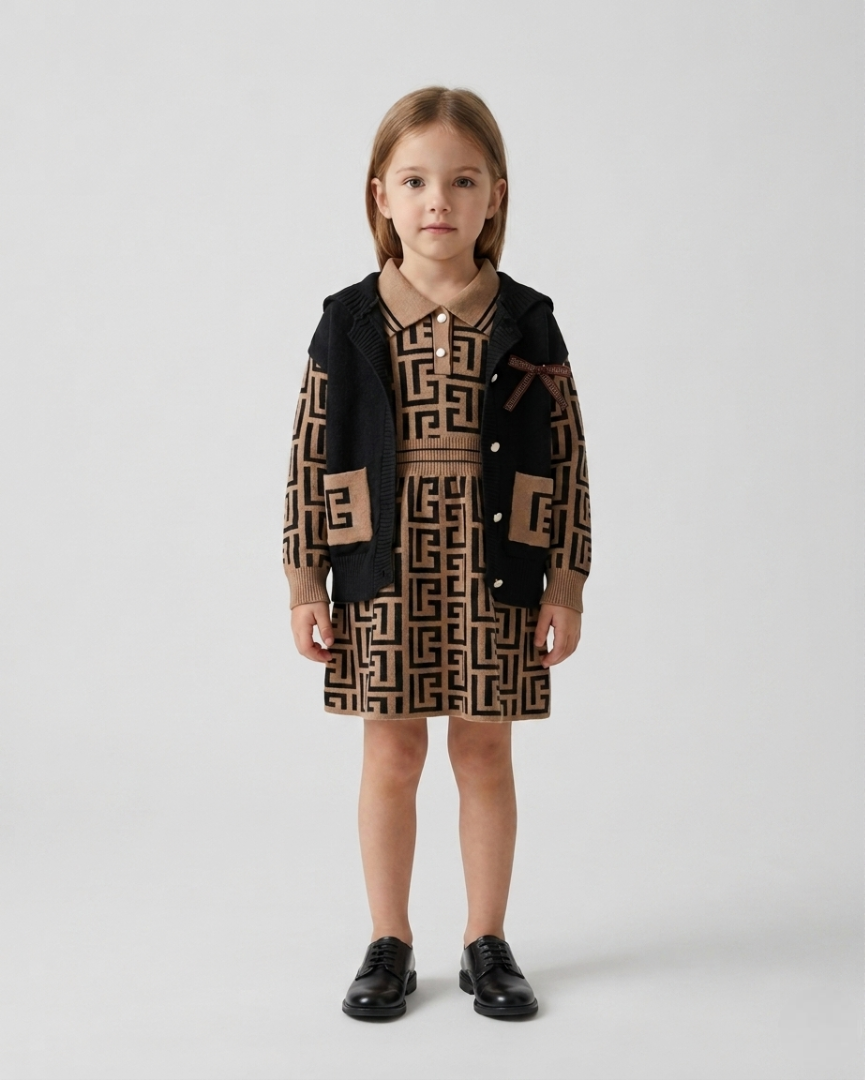 Conjunto niña 2 piezas elegante con vestido y chaleco de cuello clásico ,destacada para looks elegantes y sencillos en España