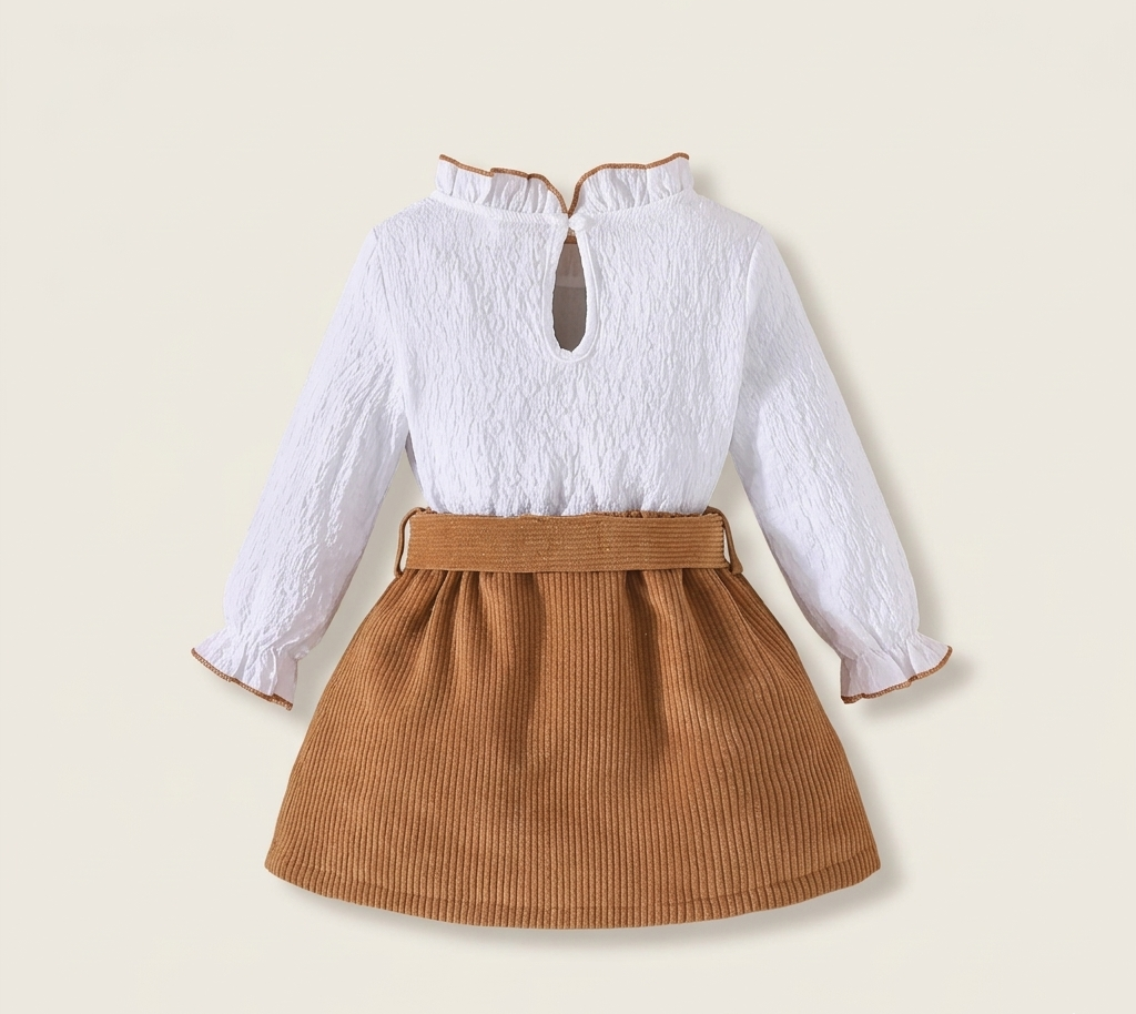 Conjunto de 2 piezas: blusa blanca con volantes y falda de pana con lazo 🤍🎀