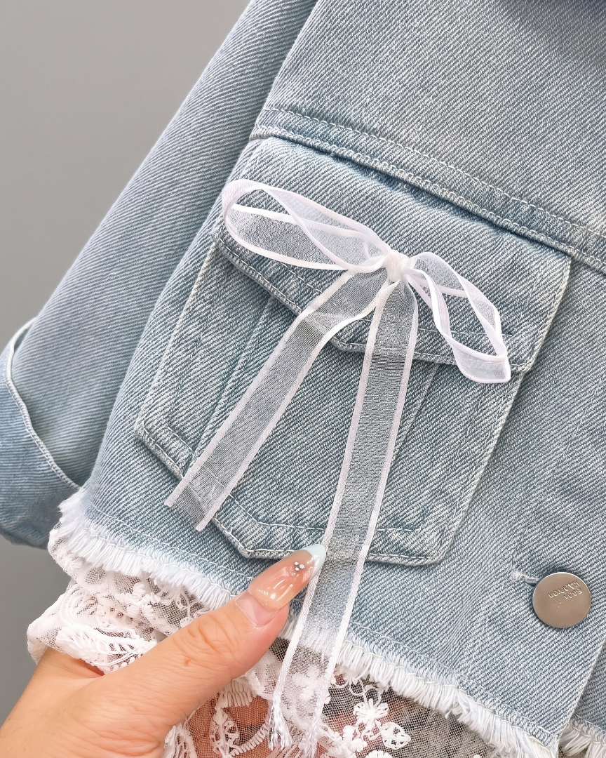 Conjunto niña 2 piezas vaquero chaqueta denim con encaje y pantalón vaquero Ideal para clima otoñal en España