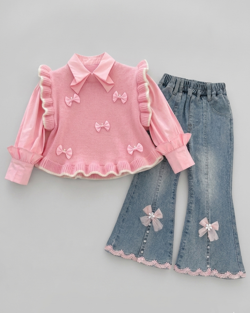 Conjunto niña 2 piezas camisa rosa y pantalón vaquero ancho con lazos y bordados | ropa niña en España