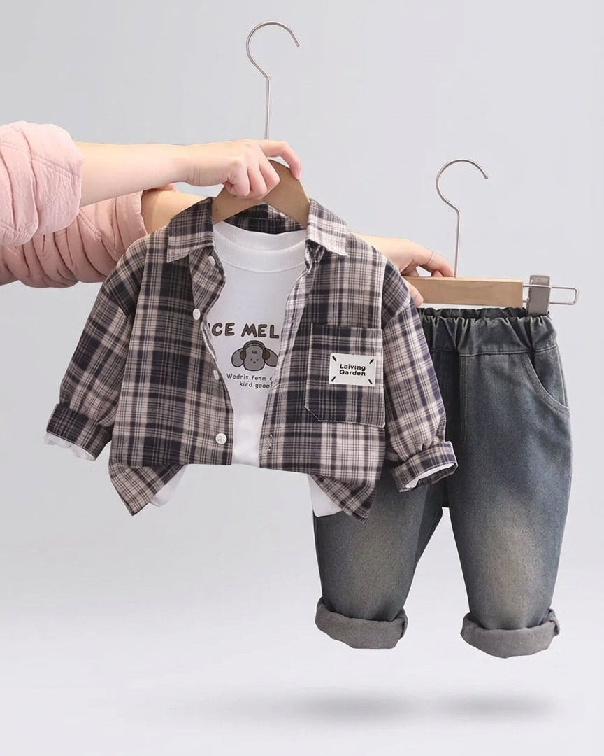 Conjunto Bebé Niño 3 Piezas  Camisa Cuadros y Vaquero