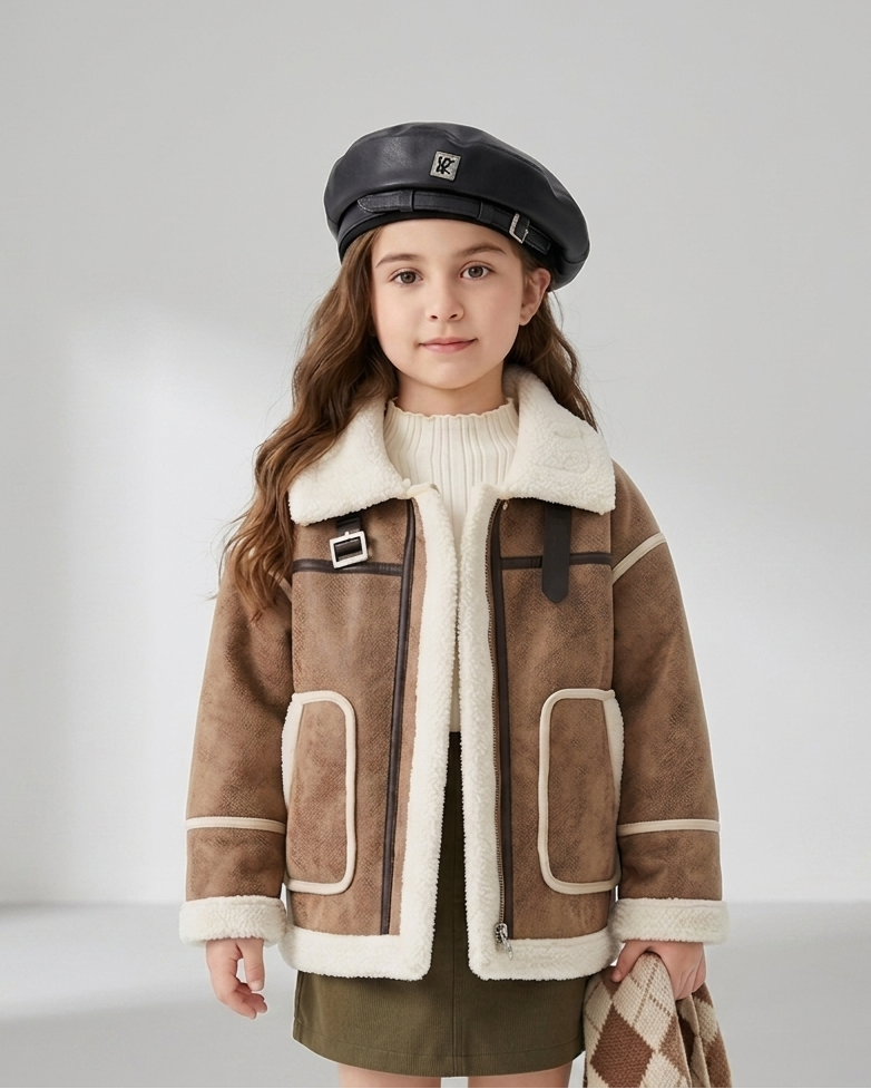 Chaqueta de invierno infantil de piel sintética con forro polar sherpa, cuello alto y diseño moderno en España