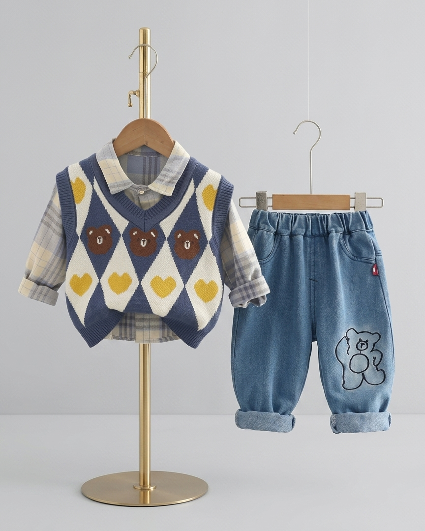 Conjunto niño otoño 3 piezas ropa infantil con chaleco oso y vaqueros en España