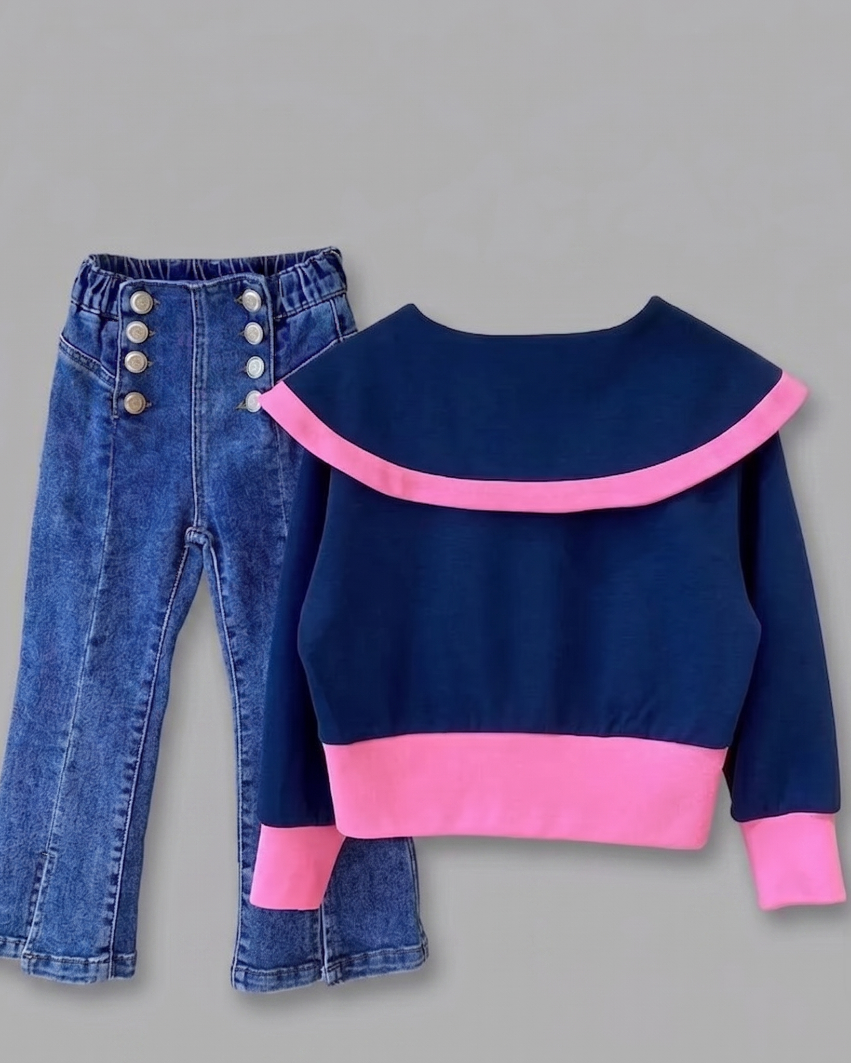 Conjunto niña elegante 2 piezas blusa azul marino con detalles rosas y pantalón vaquero flare con botones dorados