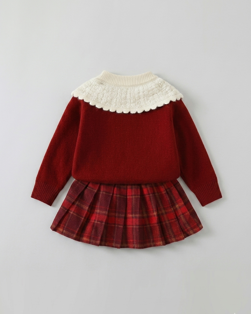 Conjunto niña invierno elegante 2 piezas ropa niña suéter tejido y falda de cuadros,Ideal para clima otoñal  en España