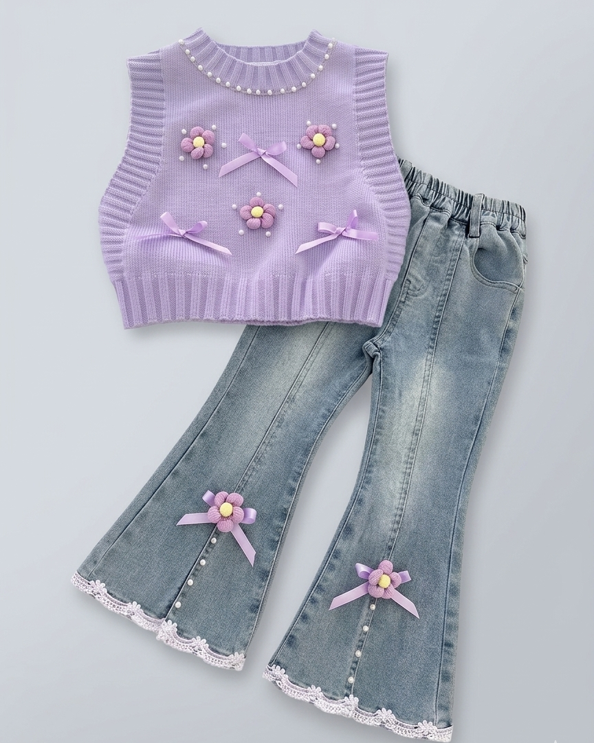 Conjunto niña 3 piezas ropa infantil blusa mangas abullonadas chaleco perlas y pantalón vaquero,Ideal para primavera y para clima otoñal en España