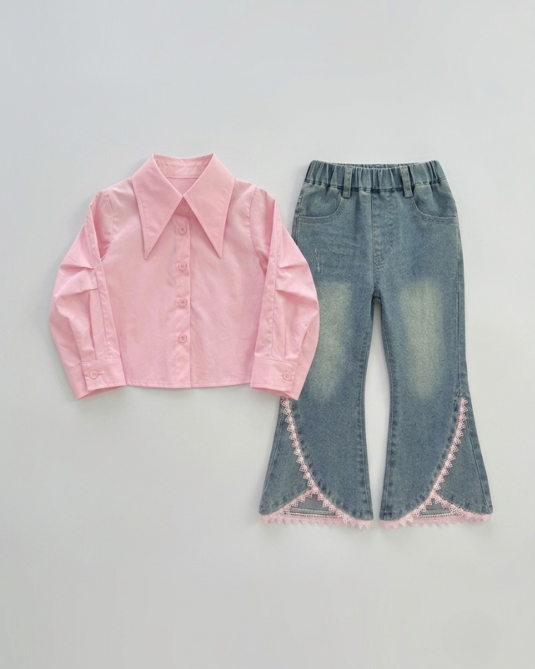Conjunto niña 3 piezas elegante con blusa, suéter de punto y pantalón vaquero acampanado con encaje,en España