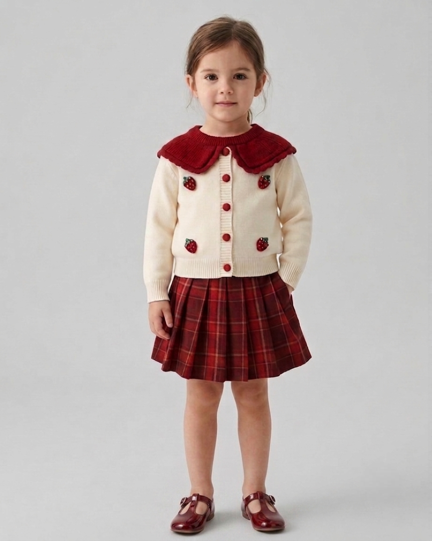 Conjunto niña invierno elegante 2 piezas ropa niña suéter tejido y falda de cuadros,Ideal para clima otoñal  en España