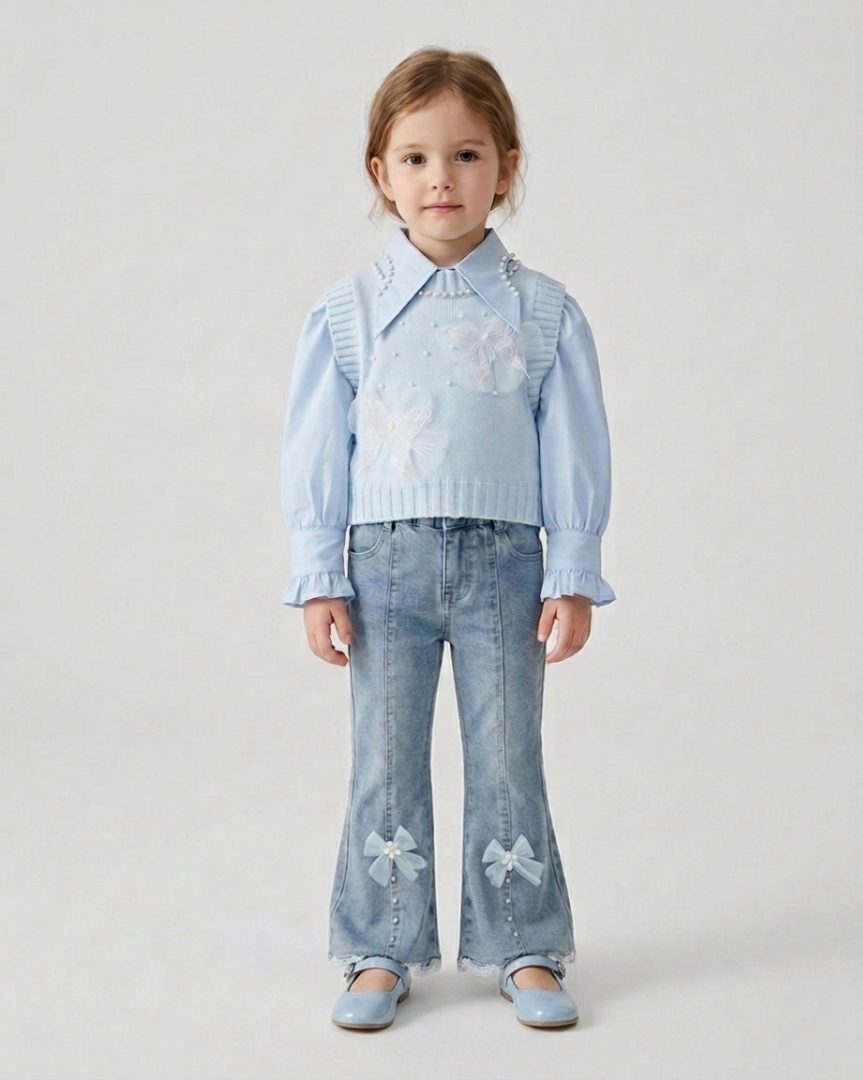 Conjunto niña 3 piezas ropa bebé niña elegante: blusa con mangas abullonadas, chaleco de punto con perlas y pantalón vaquero  en España