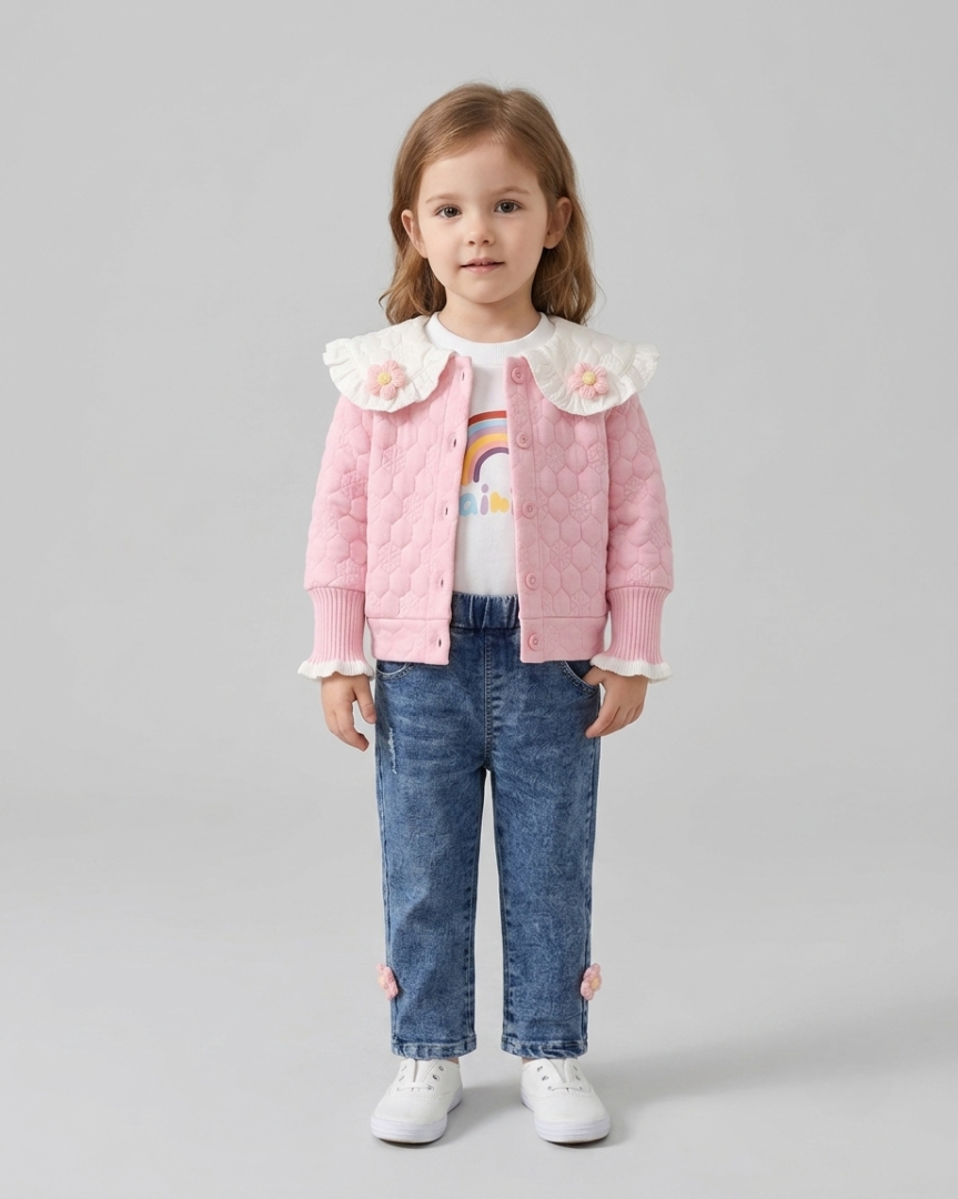 Conjunto niña 3 piezas rosa: suéter, camiseta arcoíris y pantalón vaquero con flores crochet en España
