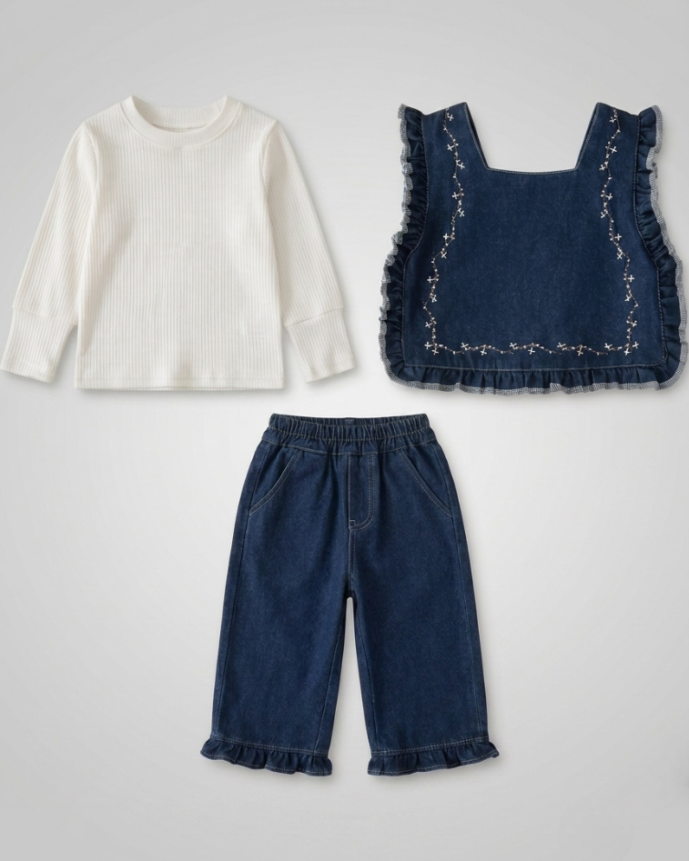 Conjunto niña 3 piezas ropa niña: blusa, chaleco vaquero de mezclilla y pantalón cómodo,Ideal para clima otoñal  en España
