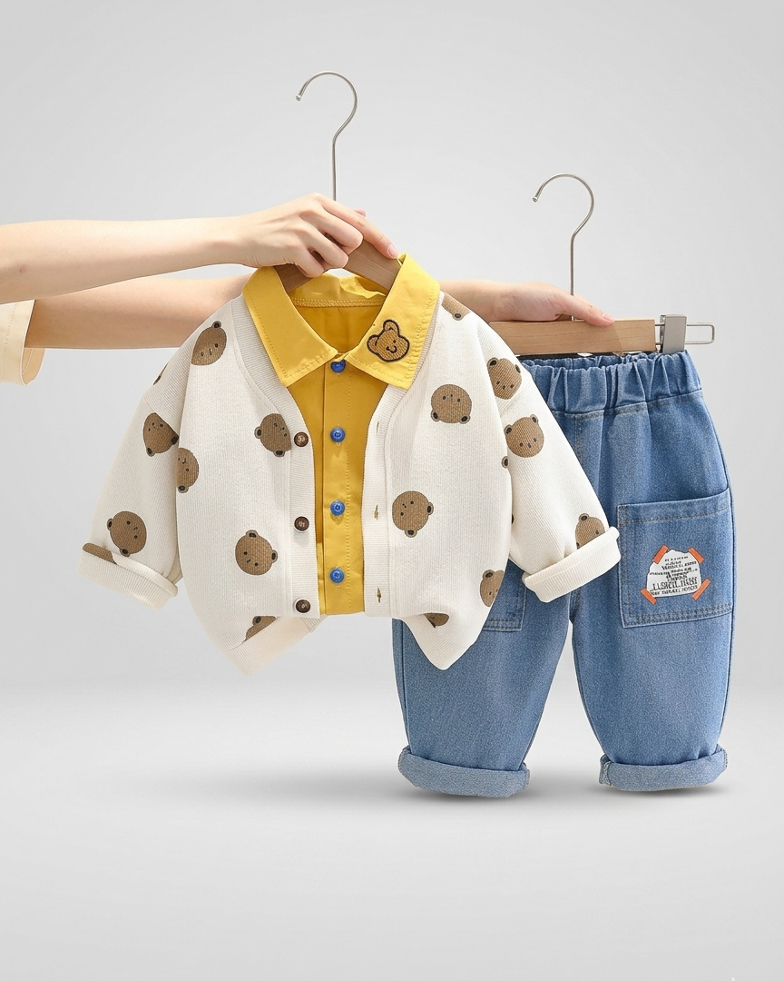 Conjunto bebé 3 piezas ropa bebé con cárdigan de oso y pantalón vaquero , Ideal para primavera y para clima otoñal en España