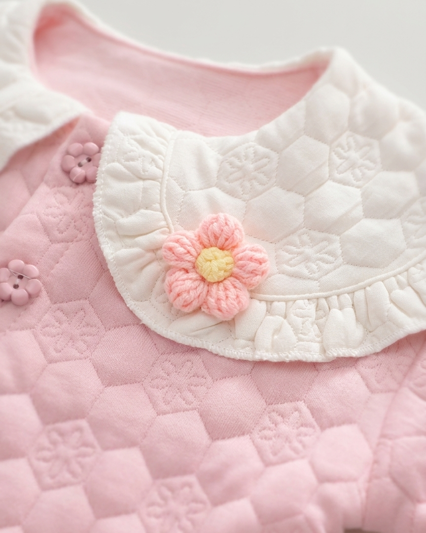 Conjunto niña 3 piezas rosa: suéter, camiseta arcoíris y pantalón vaquero con flores crochet en España