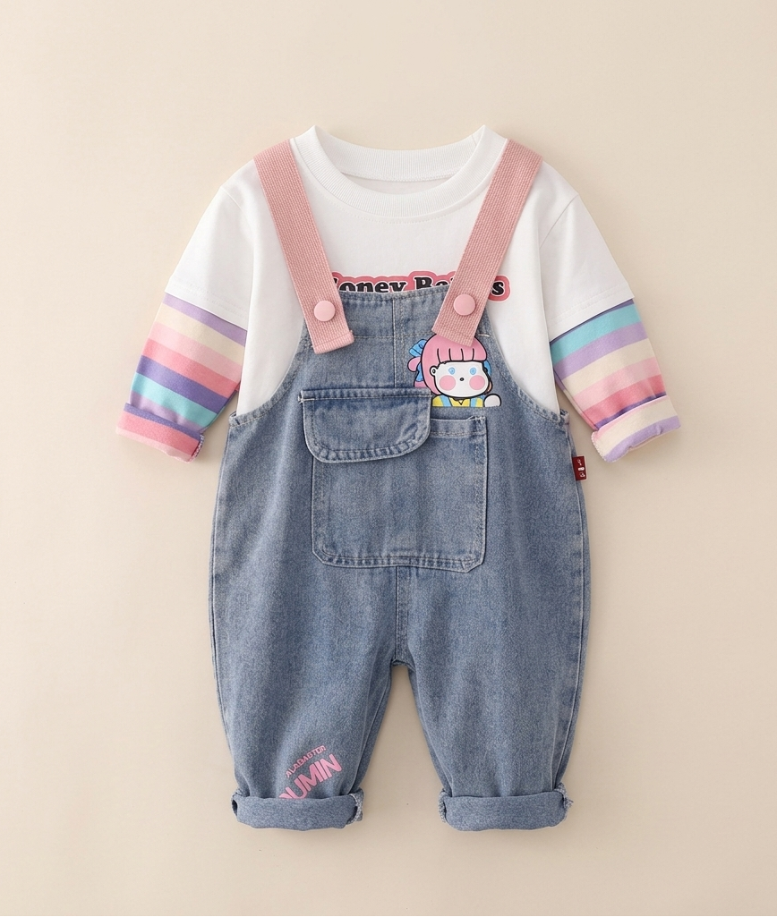 Conjunto de Camiseta Arcoíris y Peto con Alas Rosas