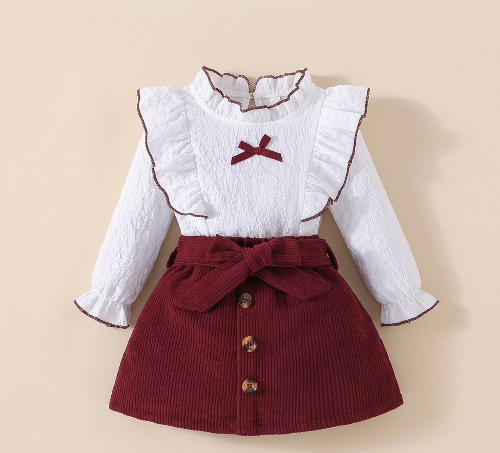 Conjunto de 2 piezas: blusa blanca con volantes y falda de pana con lazo 🤍🎀