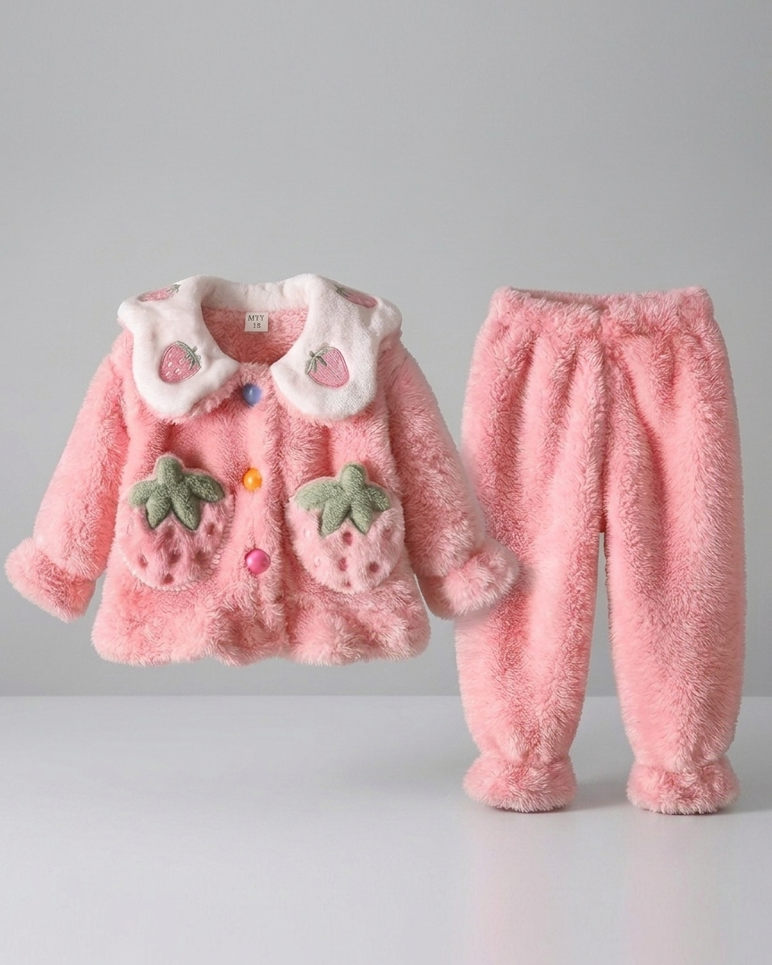 Conjunto niña invierno 2 piezas ropa bebé de terciopelo con estampado de fresas chaqueta y pantalón en España