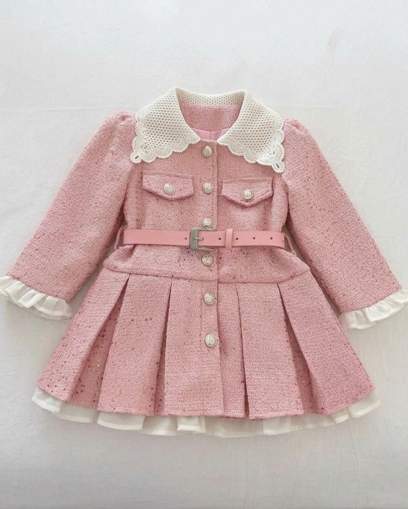 Vestido niña elegante de invierno con cinturón y cuello decorado ropa niña invierno,Ideal para clima otoñal en España