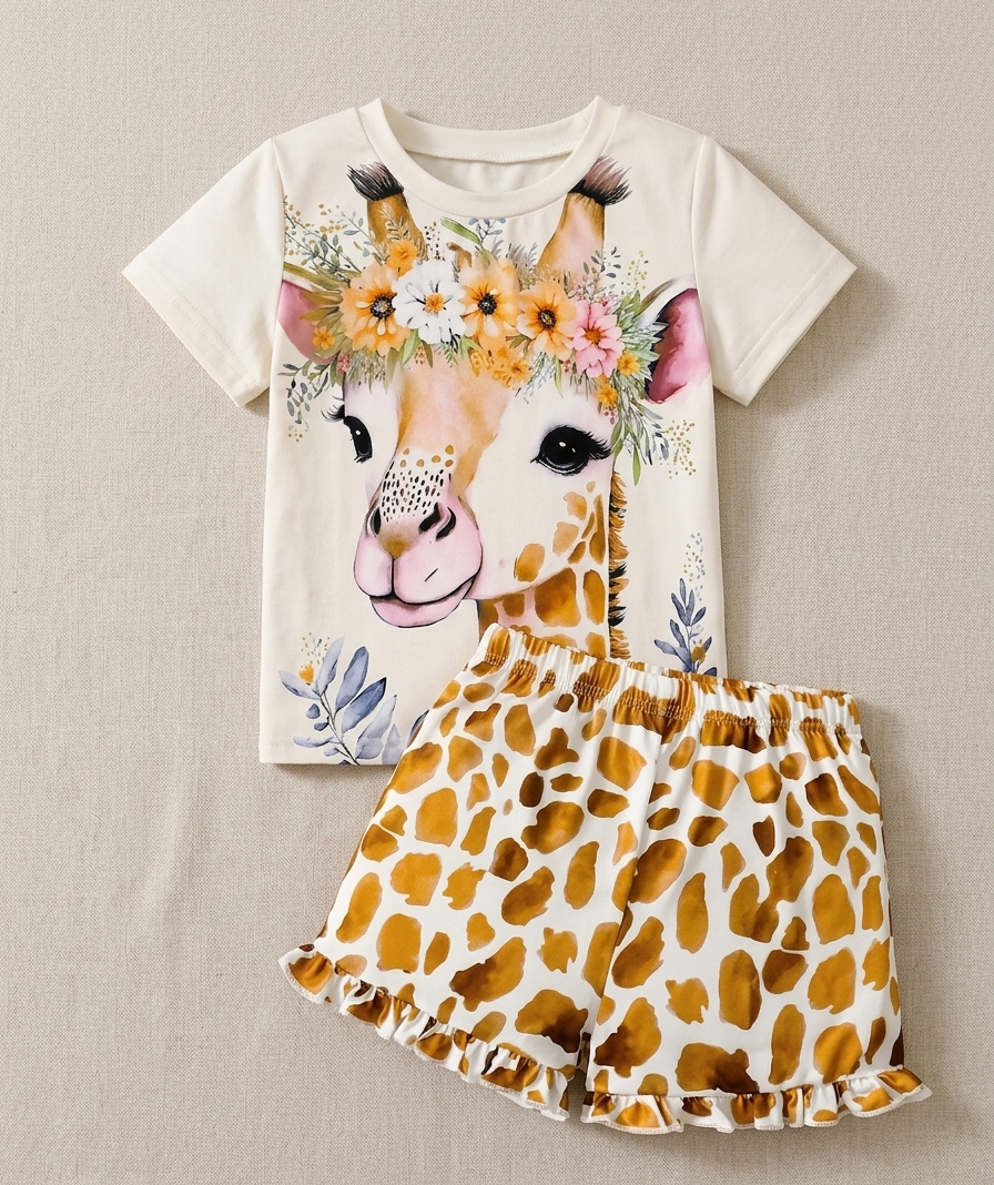 Conjunto casual para niña con camiseta y pantalón corto de jirafa