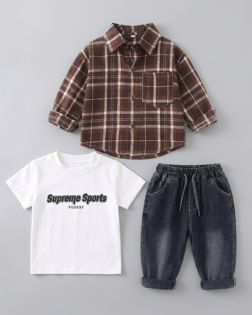 Conjunto niño 3 piezas casual camisa de cuadros y pantalón vaquero ropa infantil outfit niño 