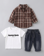 Conjunto niño 3 piezas casual camisa de cuadros y pantalón vaquero ropa infantil outfit niño 