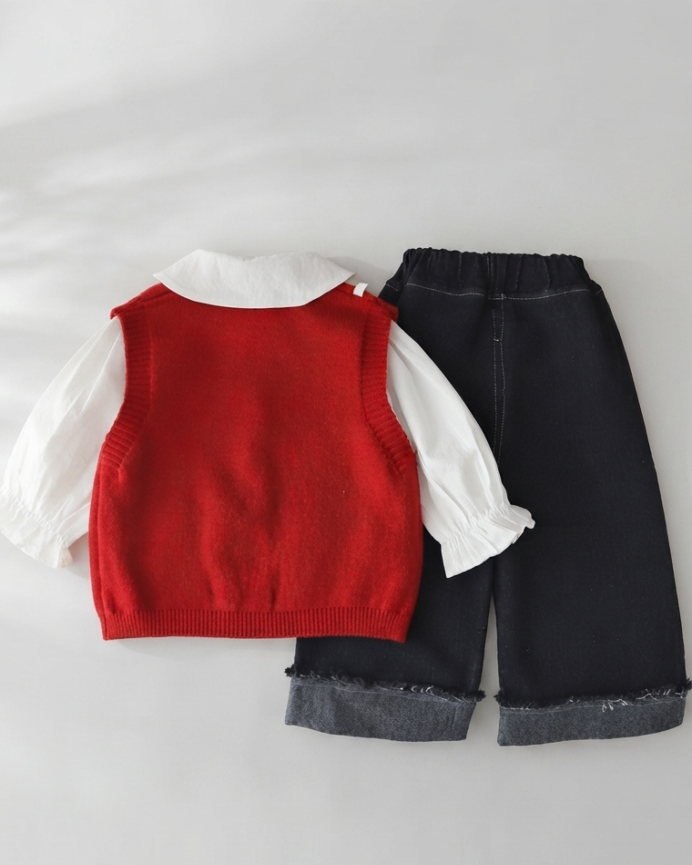 Conjunto Elegante de 3 Piezas para Niña  Chaleco de Punto, Blusa y Pantalón Vaquero