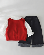 Conjunto Elegante de 3 Piezas para Niña  Chaleco de Punto, Blusa y Pantalón Vaquero
