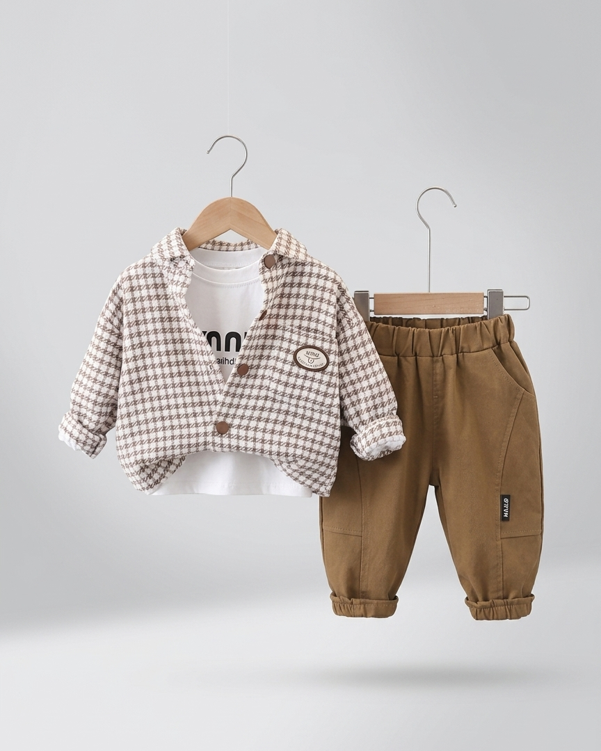 Conjunto niño 3 piezas ropa niño otoño invierno: camisa estampada pata de gallo, camiseta algodón y pantalón elástico en España