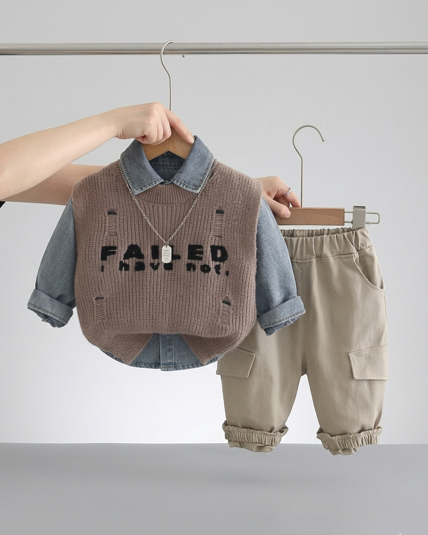 Conjunto niño 3 piezas casual moderno con chaleco de punto, ropa infantil niño,Ideal para clima otoñal en España