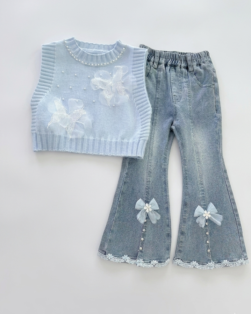 Conjunto niña 3 piezas ropa bebé niña elegante: blusa con mangas abullonadas, chaleco de punto con perlas y pantalón vaquero  en España