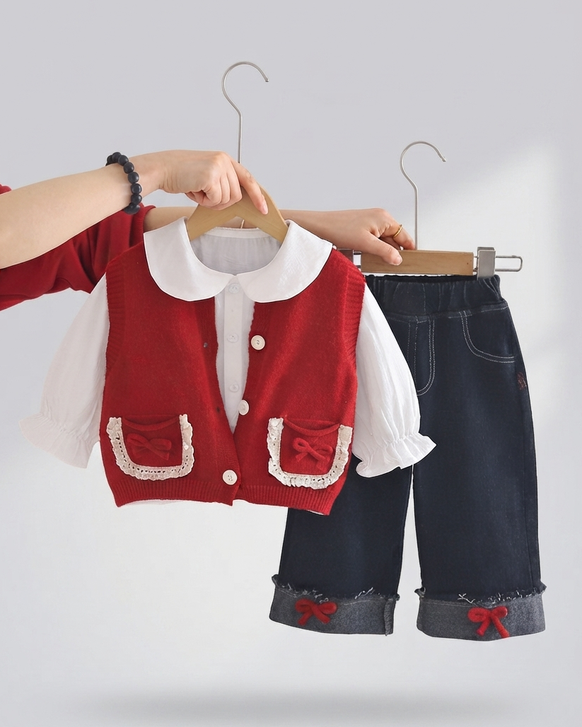 Conjunto Elegante de 3 Piezas para Niña  Chaleco de Punto, Blusa y Pantalón Vaquero