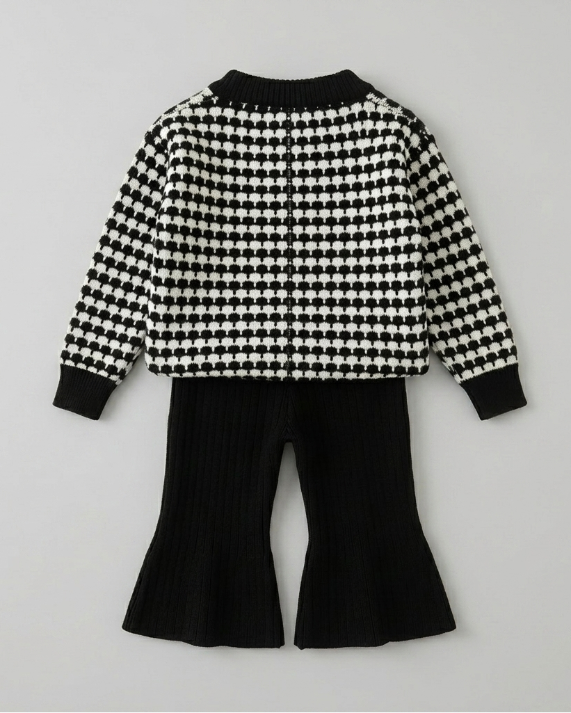 Conjunto niña invierno elegante ropa infantil: chaqueta tejida houndstooth y pantalón en España
