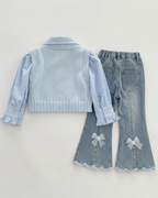Conjunto niña 3 piezas ropa bebé niña elegante: blusa con mangas abullonadas, chaleco de punto con perlas y pantalón vaquero  en España