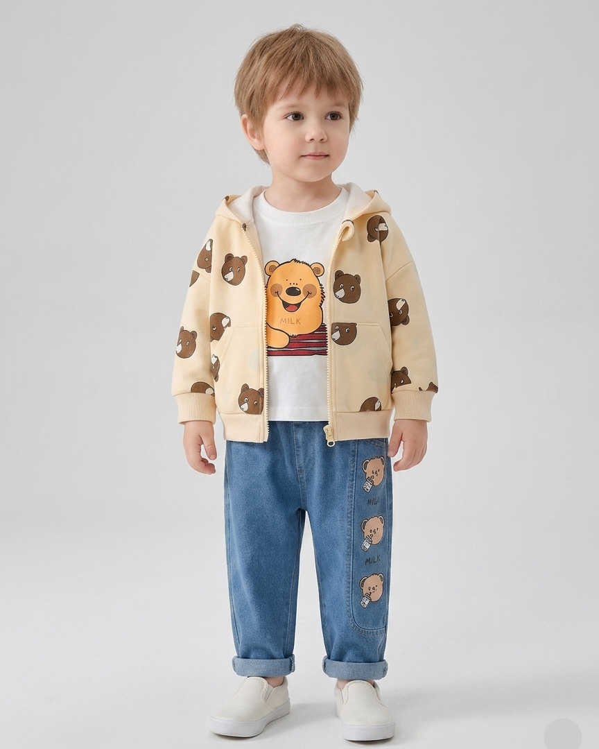 Conjunto bebé niño y niña 3 piezas: chaqueta con capucha, camiseta y pantalón vaquero con ositos en España