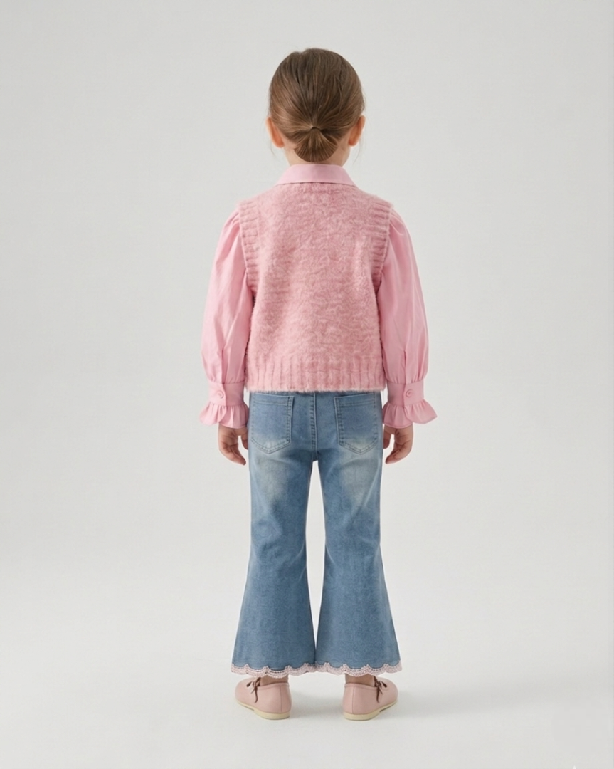 Conjunto niña 3 piezas ropa infantil blusa con volantes chaleco lana y pantalón vaquero en España