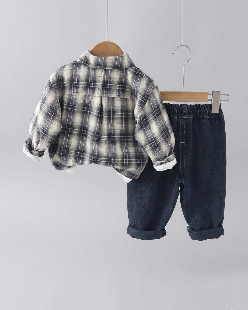 Conjunto niño 3 piezas casual camisa de cuadros y pantalón vaquero ropa infantil vista completa