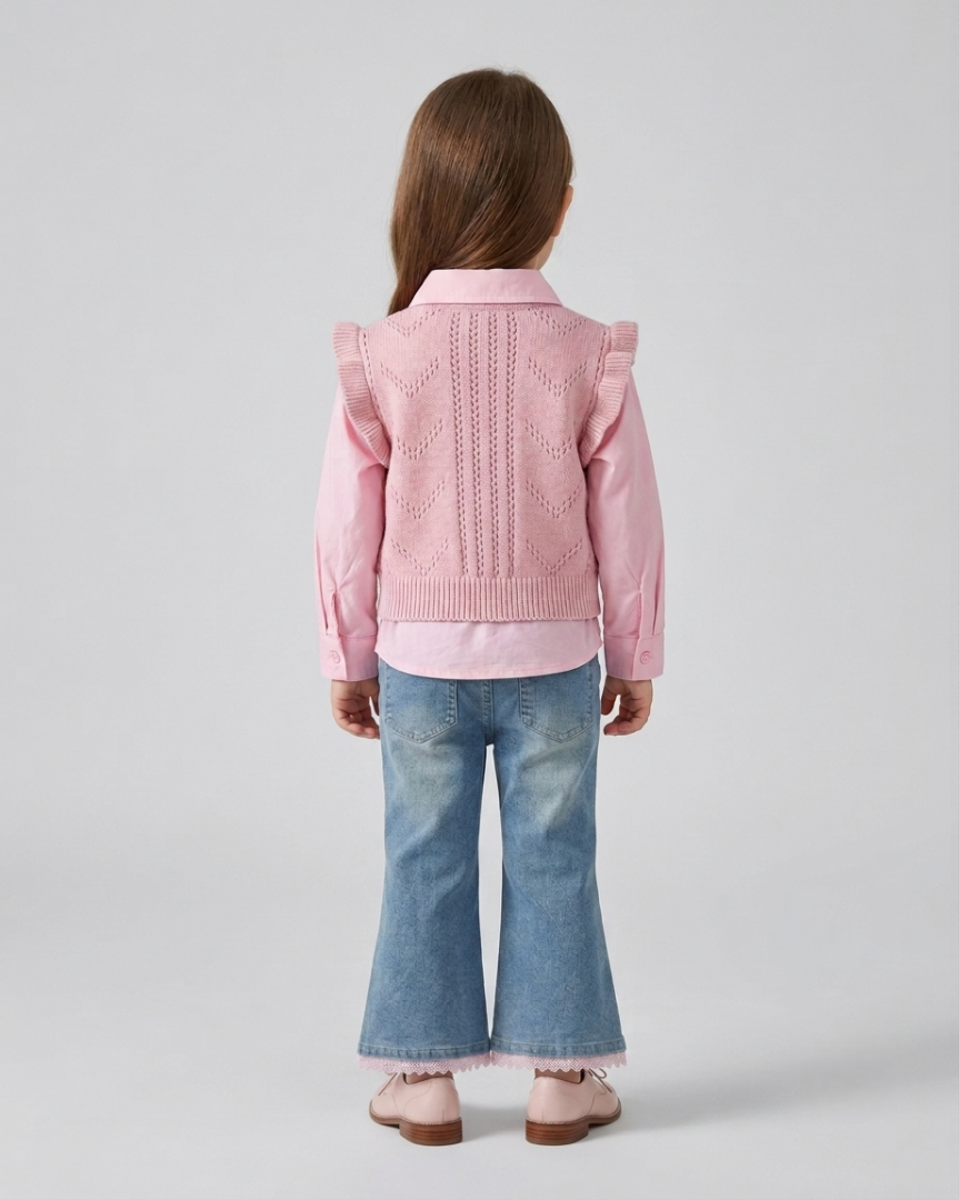 Conjunto niña 3 piezas elegante con blusa, suéter de punto y pantalón vaquero acampanado con encaje,en España