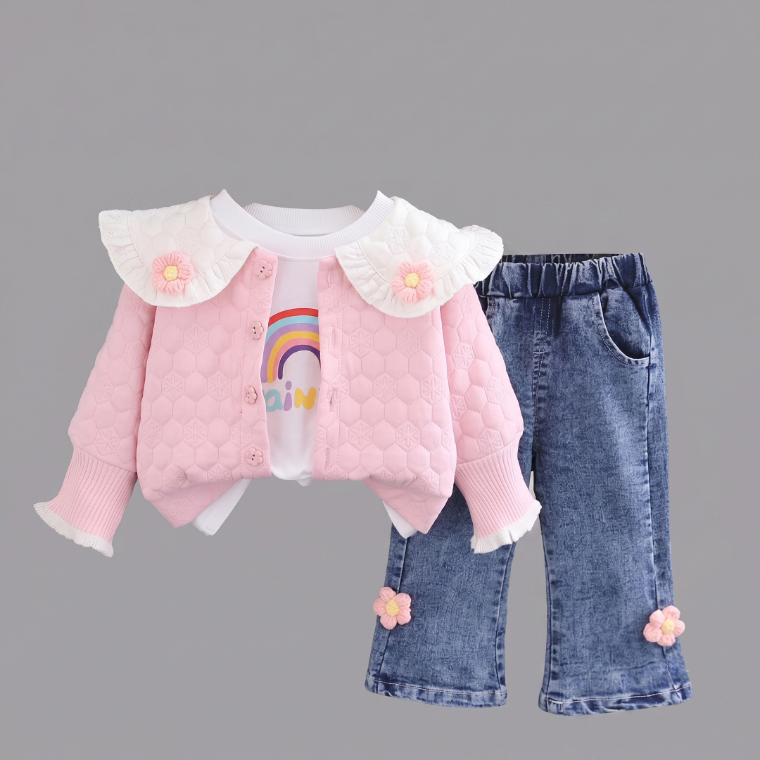 Conjunto niña 3 piezas rosa: suéter, camiseta arcoíris y pantalón vaquero con flores crochet en España