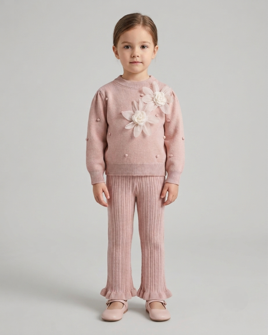 Conjunto niña invierno 2 piezas ropa niña: blusa tejida con flores y pantalón tejido acanalado en España
