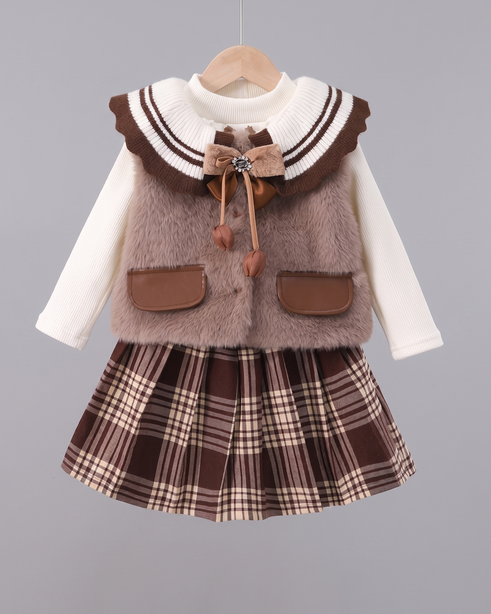 Conjunto niña 3 piezas elegante ropa bebé niña con chaleco de lana y falda de cuadros,Ideal para clima otoñal  en España
