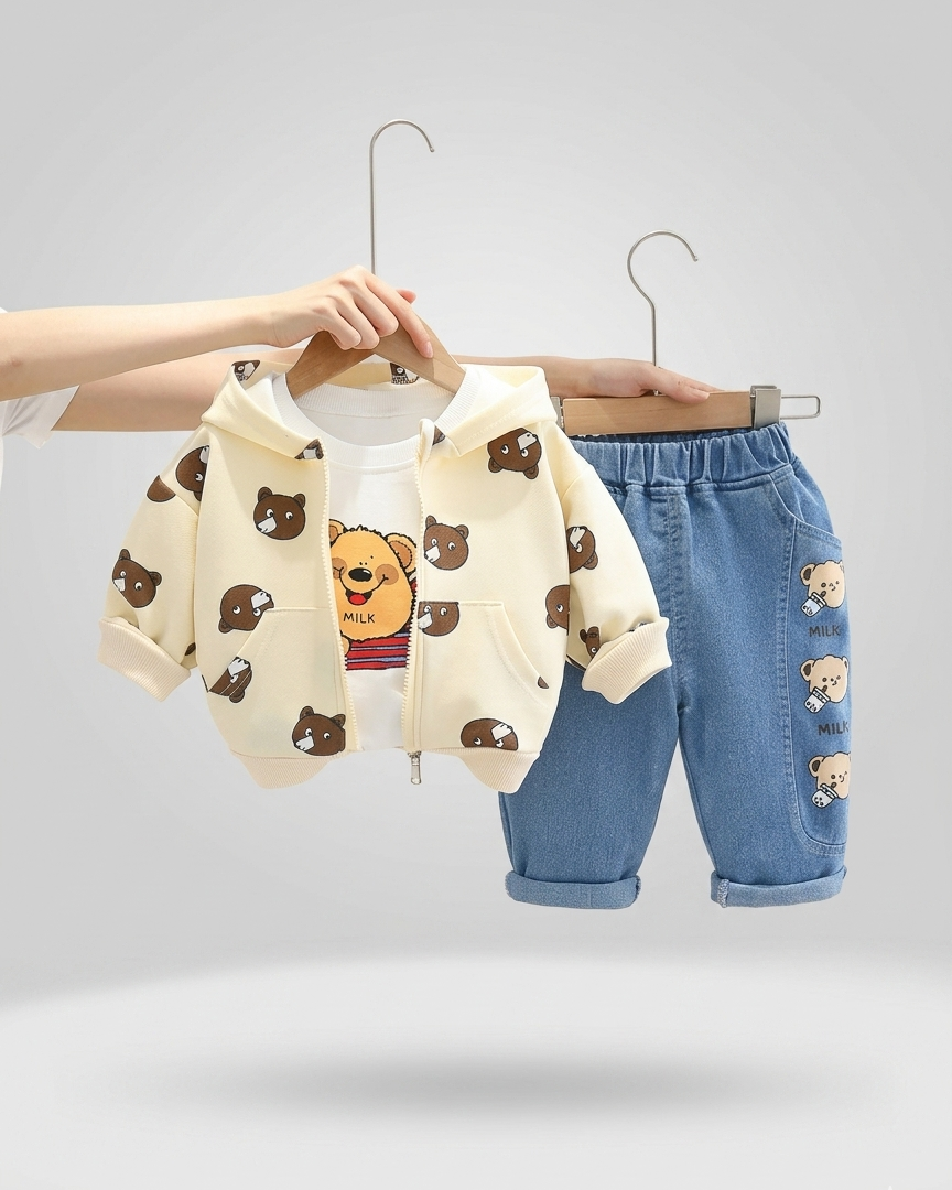 Conjunto bebé niño y niña 3 piezas: chaqueta con capucha, camiseta y pantalón vaquero con ositos en España