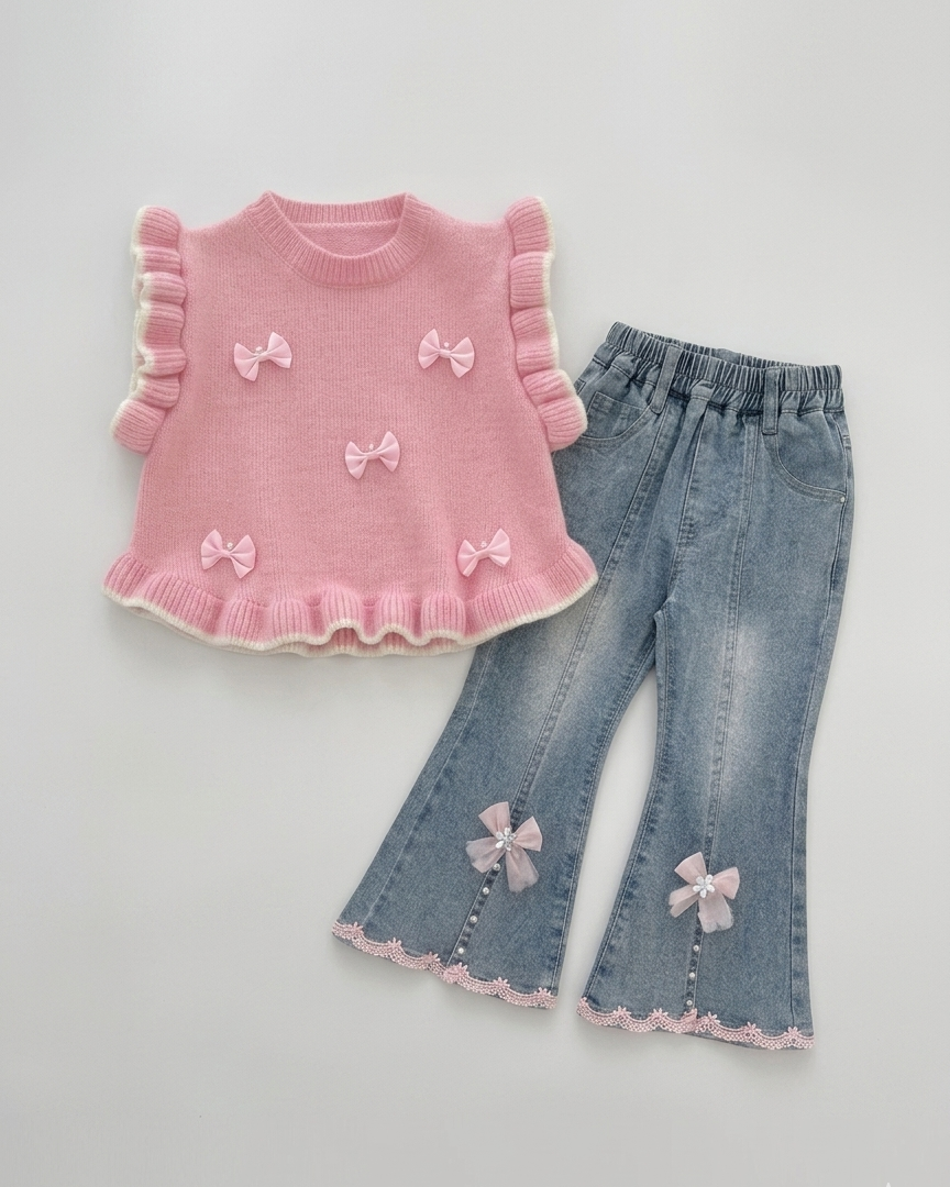 Conjunto niña 2 piezas camisa rosa y pantalón vaquero ancho con lazos y bordados | ropa niña en España