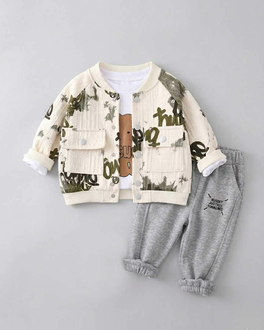 Conjunto bebé y niño 3 piezas ropa bebé: chaqueta estampada, camiseta con oso y pantalón gris cómodo en España