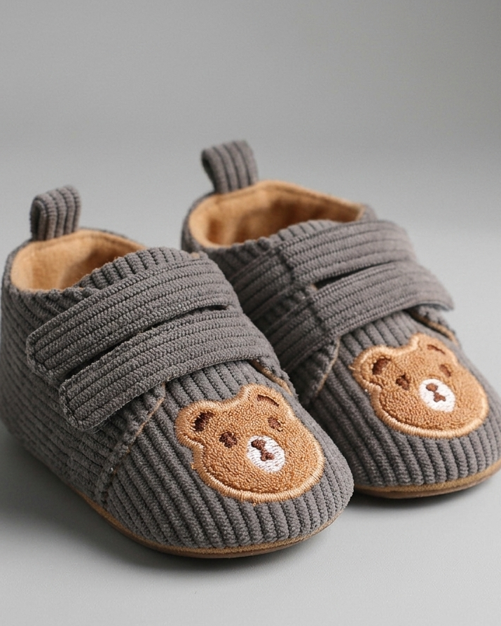 Zapatos bebé recién nacido de tela bordada con osito y cierre de velcro – calzado suave para bebés en España