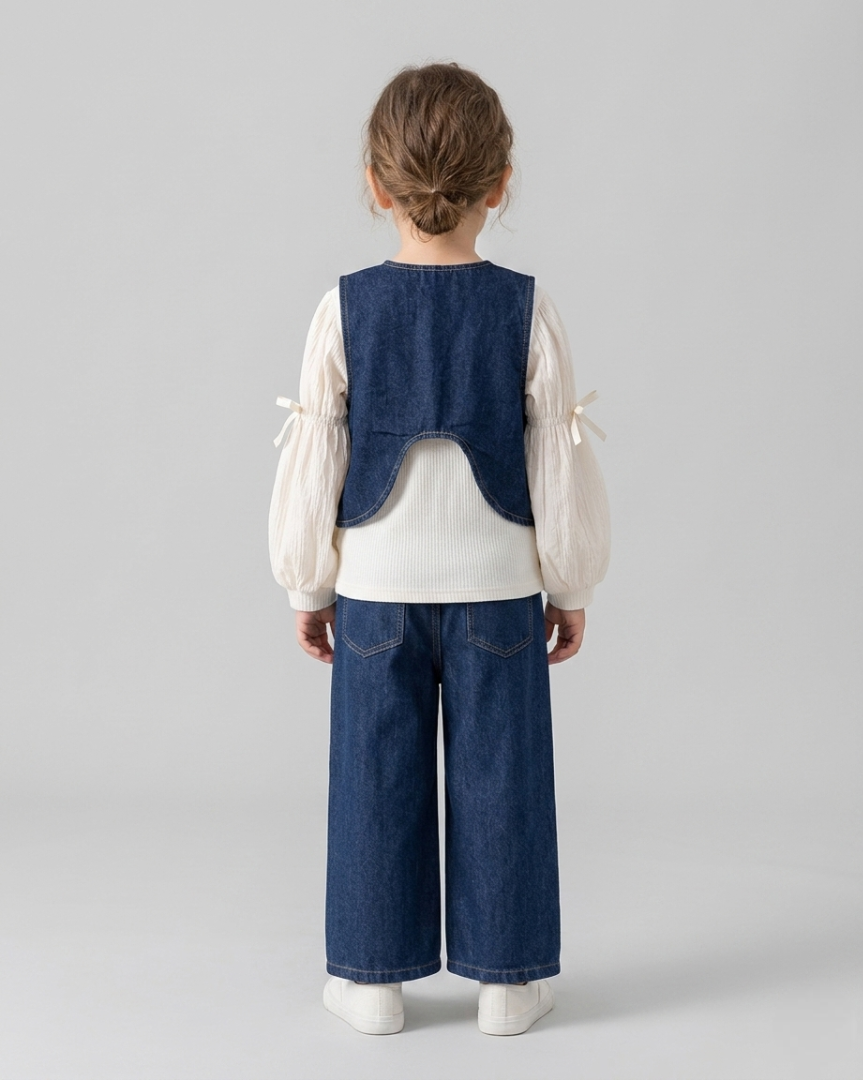 Conjunto niña 3 piezas denim vaquero (blusa, chaleco y pantalón) ,destacada para looks elegantes y sencillosen España