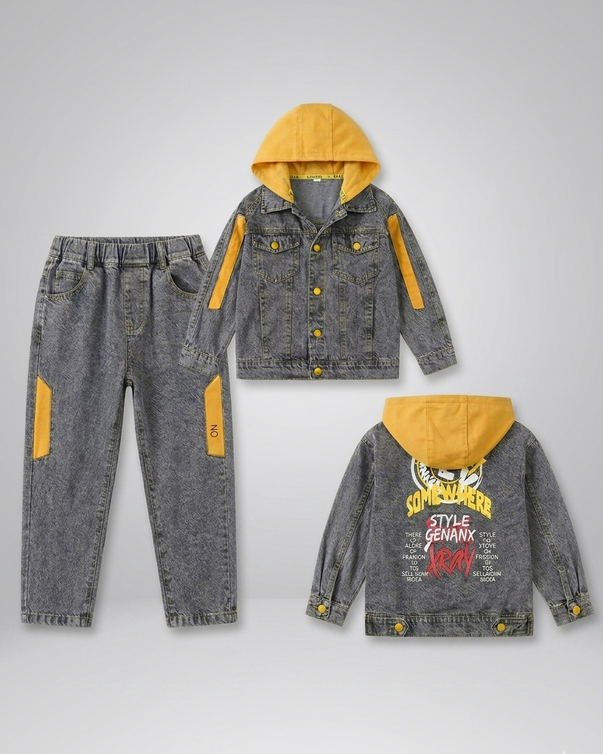 Conjunto vaquero niño 3 piezas: chaqueta vaquera, sudadera con capucha y pantalón vaquero, ropa niño streetwear en España